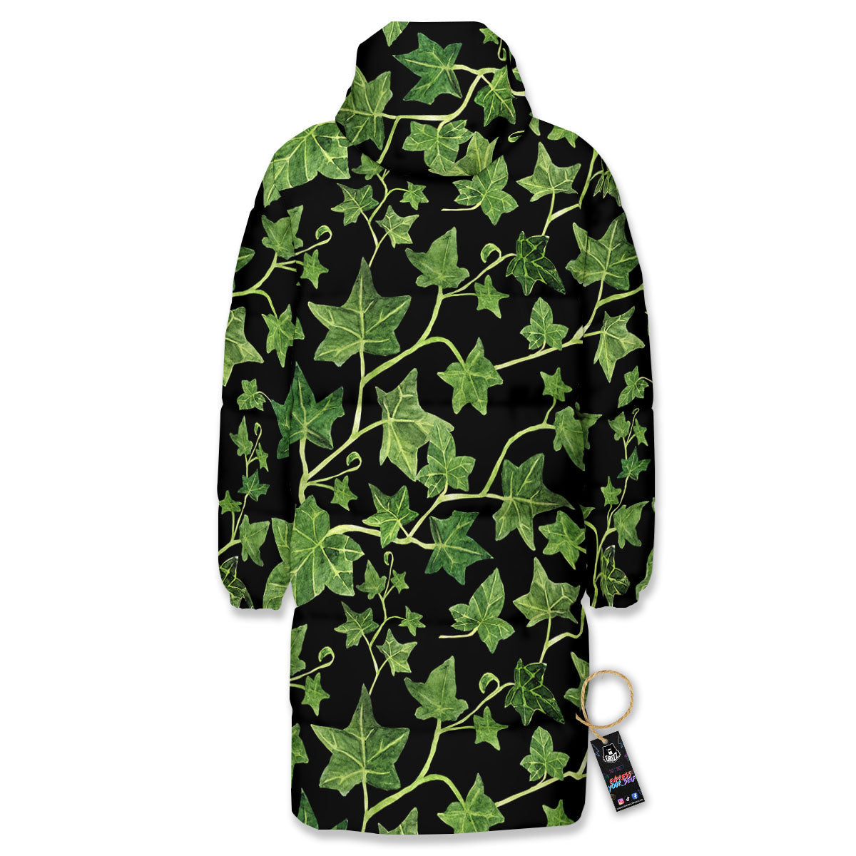 Ivy Leaf Green Print Long Down Jacket-grizzshop