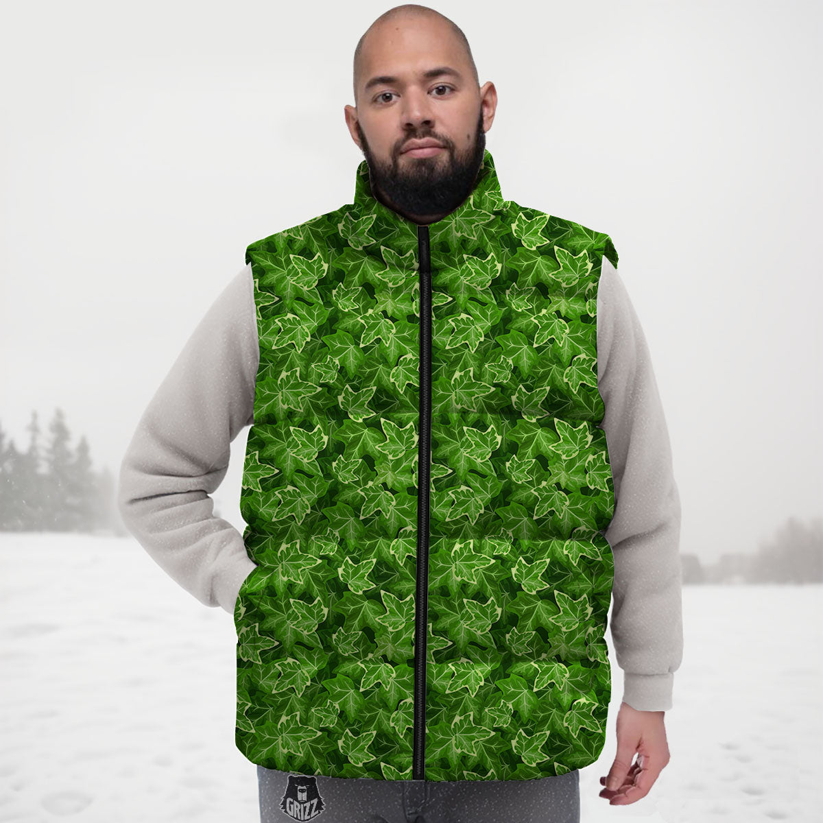Ivy Leaf Green Print Pattern Down Vest-grizzshop
