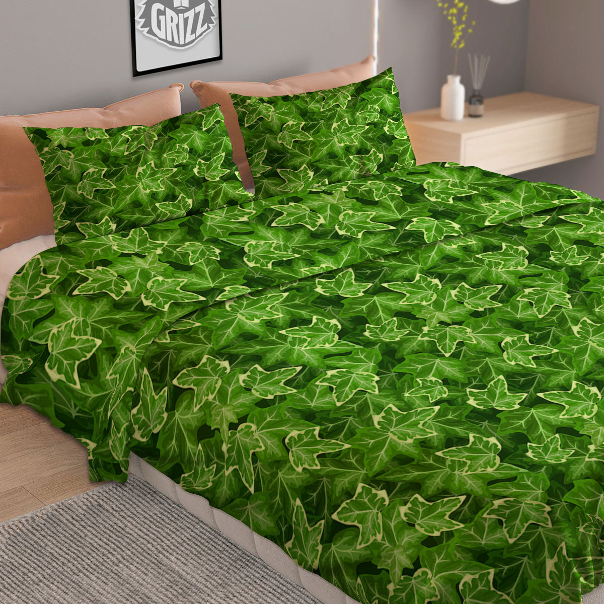 Ivy Leaf Green Print Pattern Duvet Cover Bedding Set