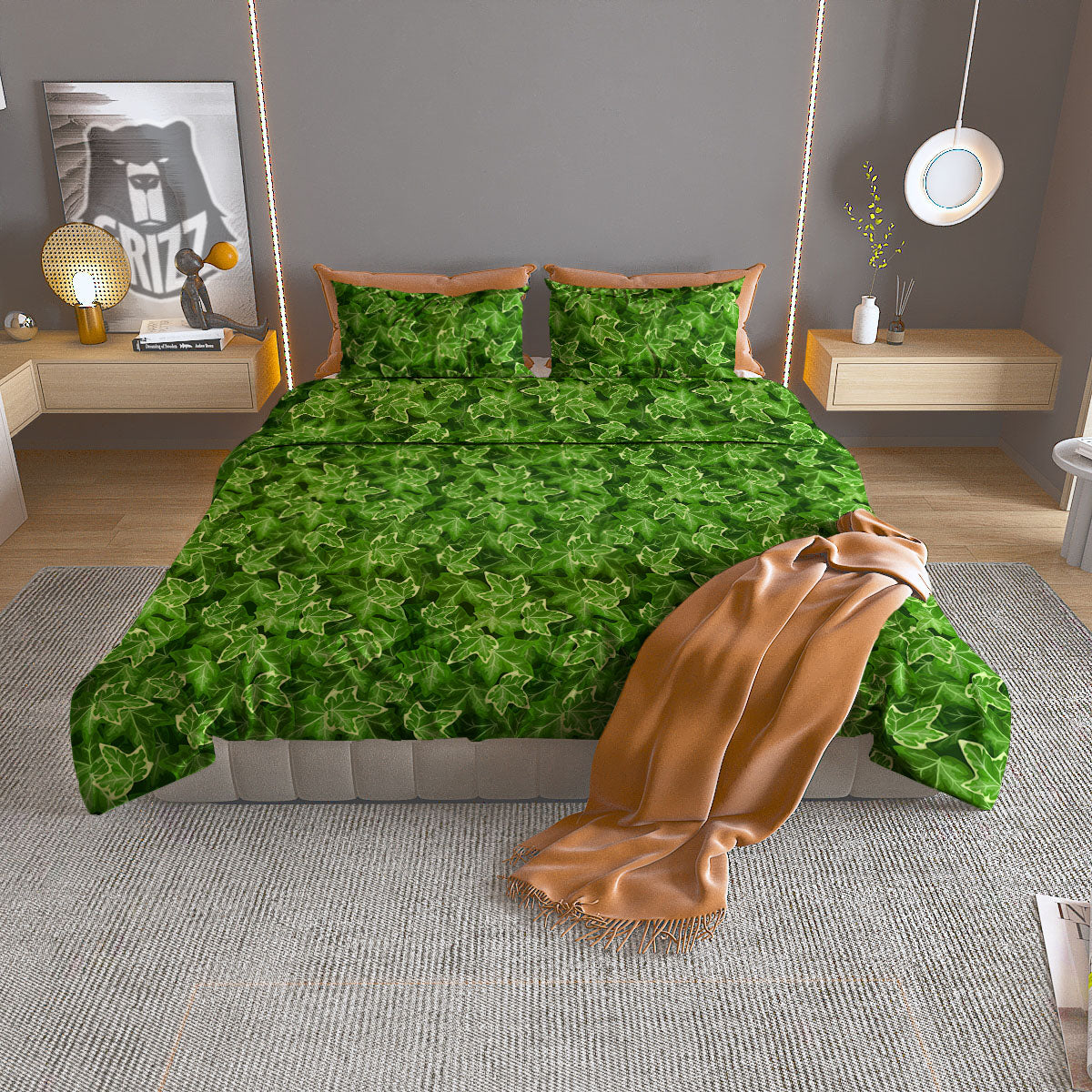 Ivy Leaf Green Print Pattern Duvet Cover Bedding Set