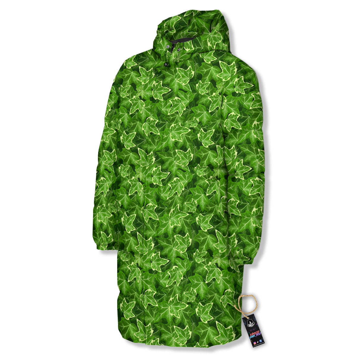 Ivy Leaf Green Print Pattern Long Down Jacket-grizzshop