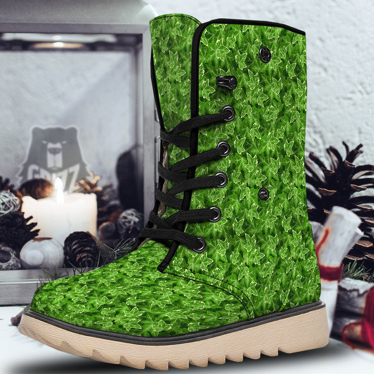 Ivy Leaf Green Print Pattern Snow Boots-grizzshop