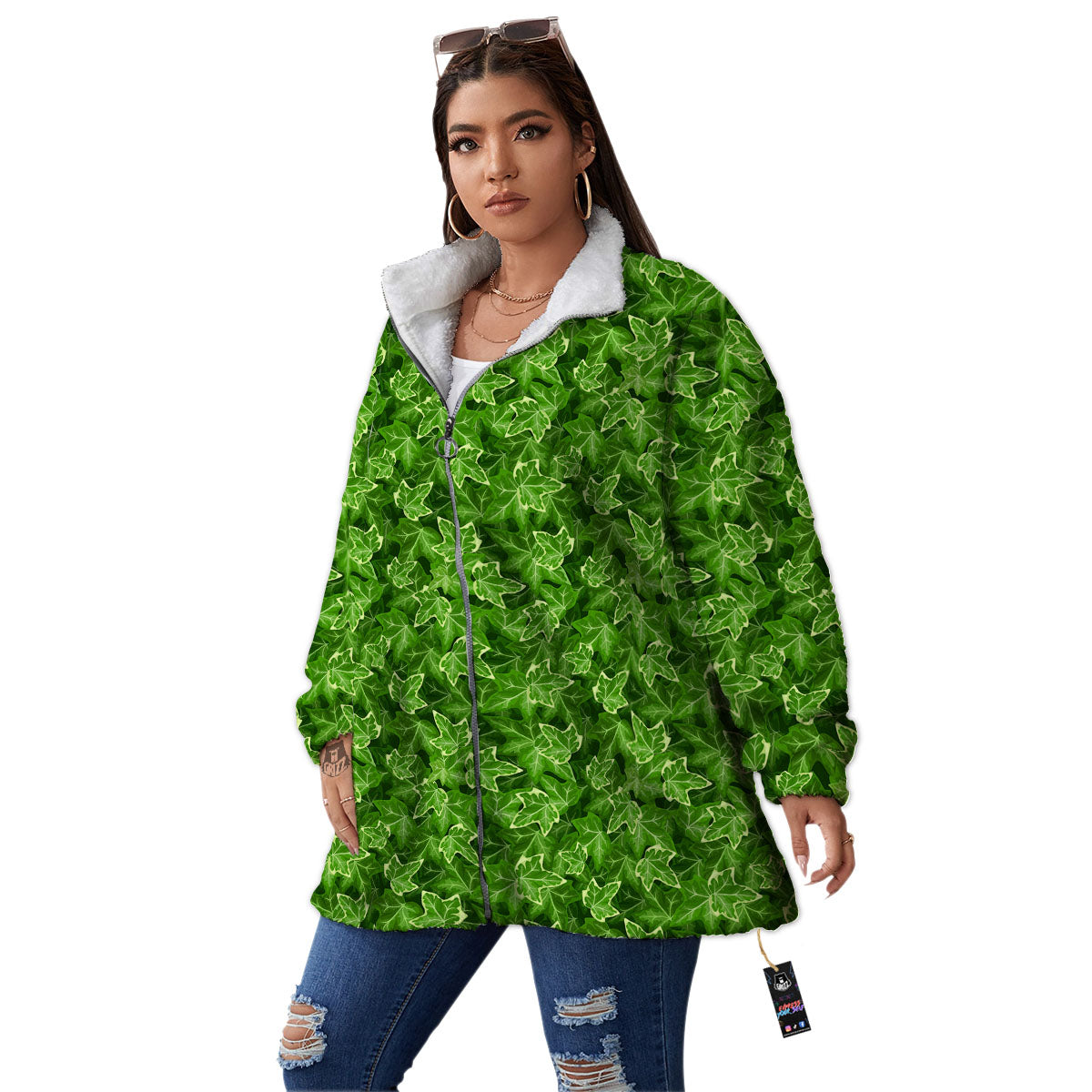 Ivy Leaf Green Print Pattern Women's Sherpa Jacket-grizzshop