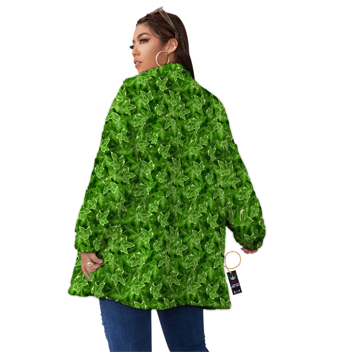 Ivy Leaf Green Print Pattern Women's Sherpa Jacket-grizzshop