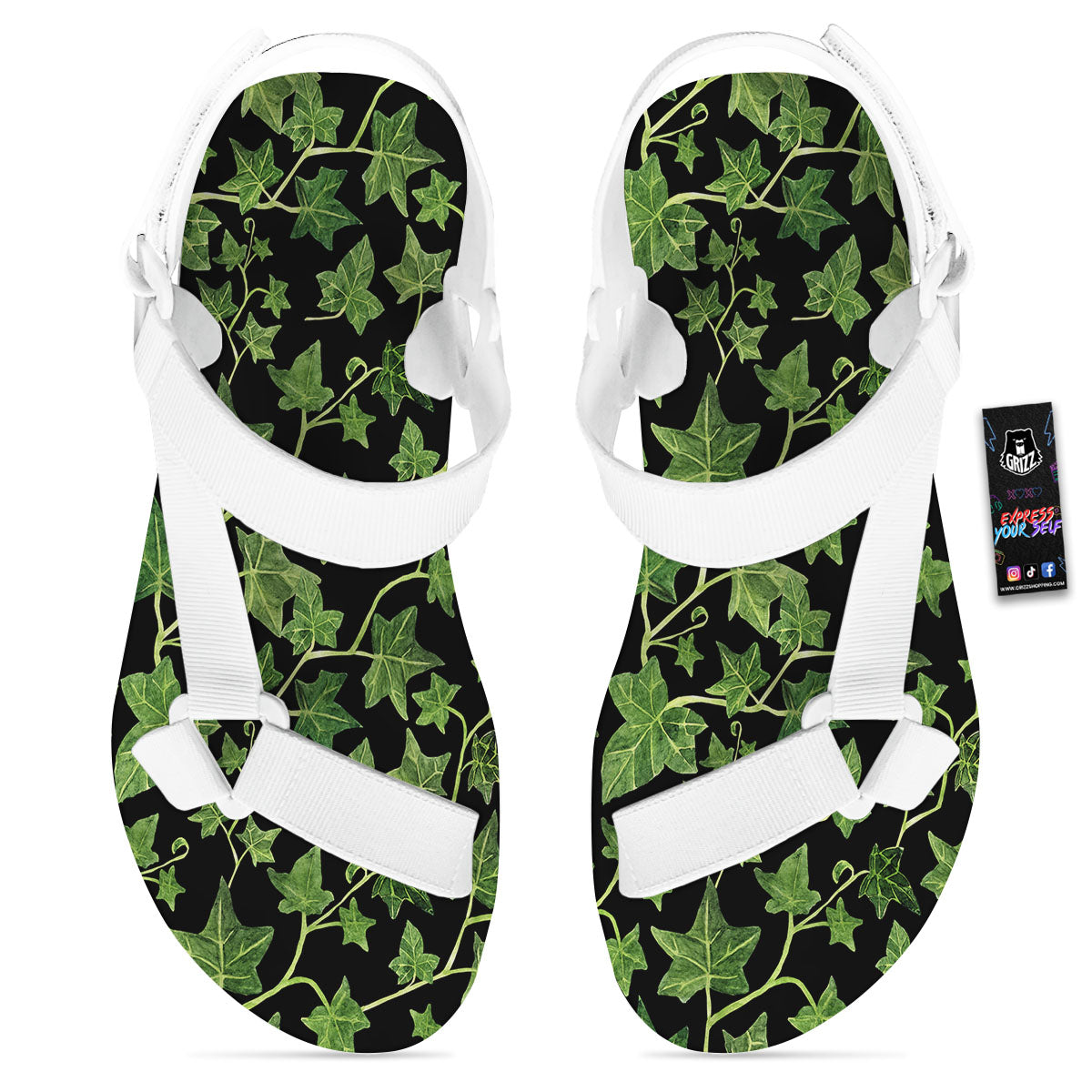 Ivy Leaf Green Print White Open Toe Sandals-grizzshop