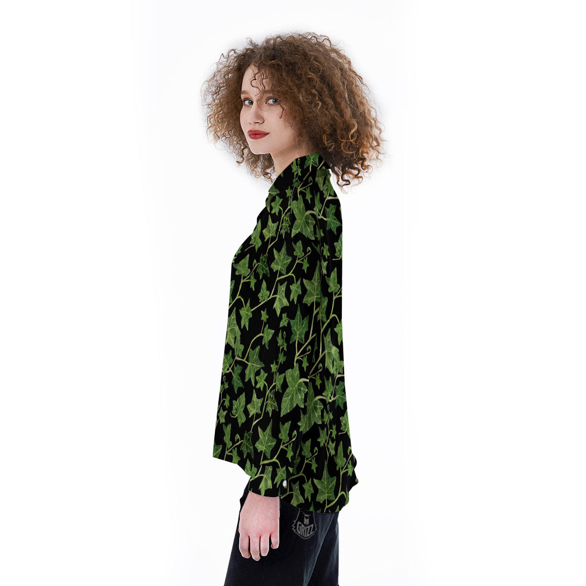 Ivy Leaf Green Print Women's Long Sleeve Shirts-grizzshop