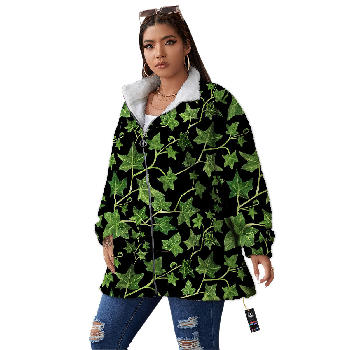 Ivy Leaf Green Print Women's Sherpa Jacket-grizzshop