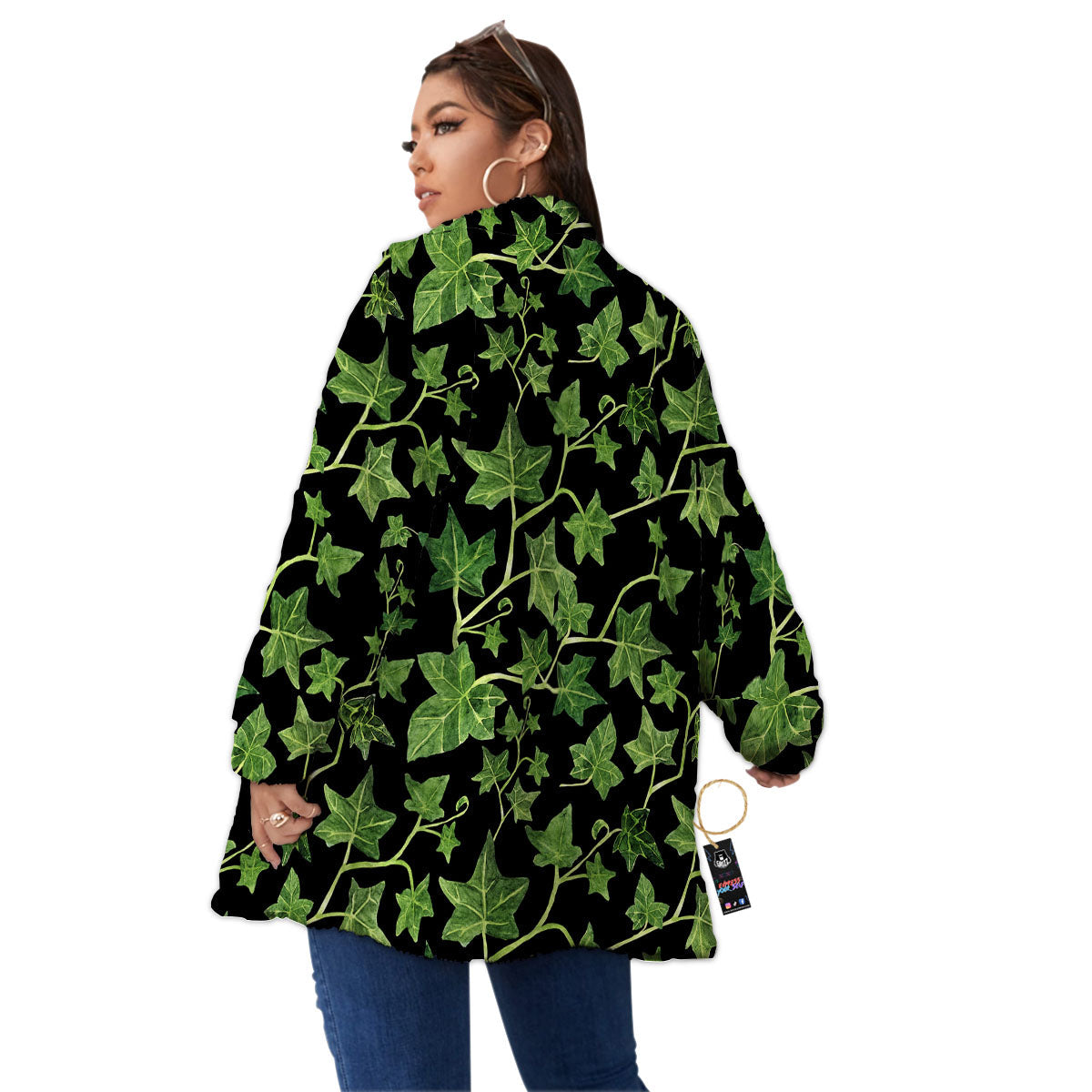 Ivy Leaf Green Print Women's Sherpa Jacket-grizzshop