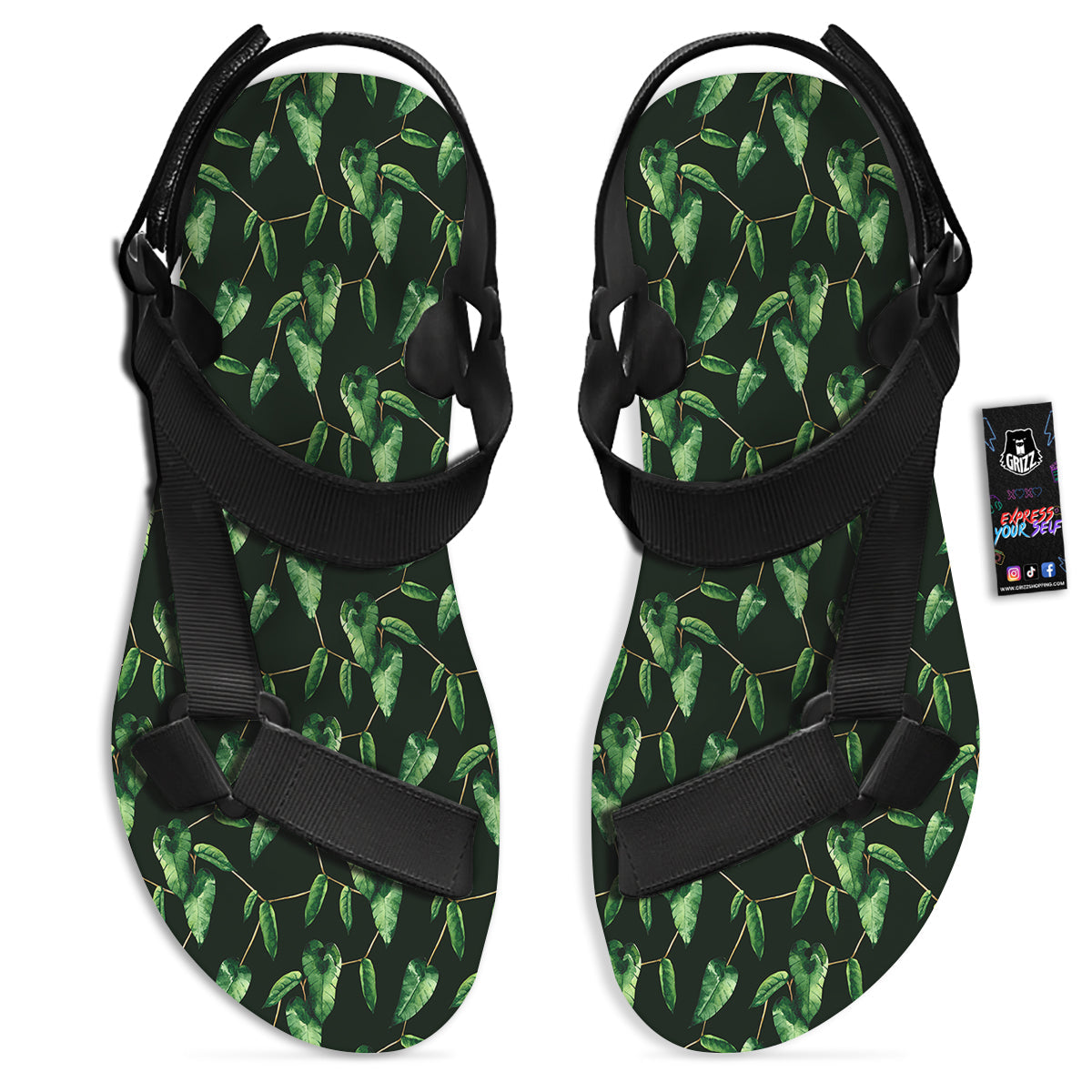 Ivy Leaf Watercolor Print Pattern Black Open Toe Sandals-grizzshop