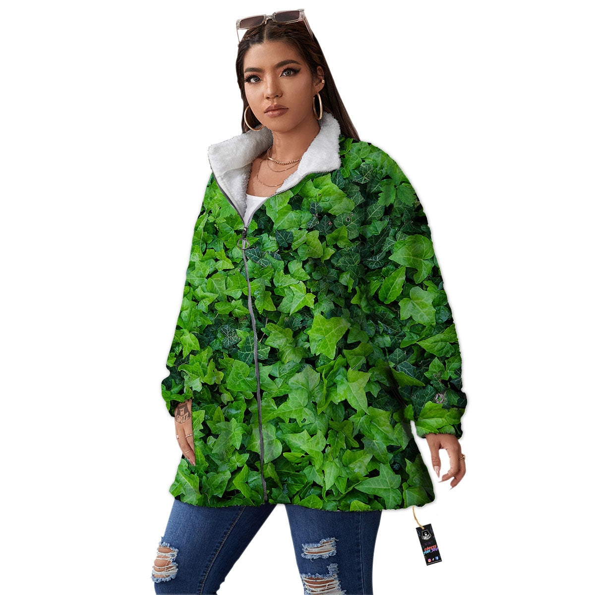 Ivy Wall Green Print Women's Sherpa Jacket-grizzshop