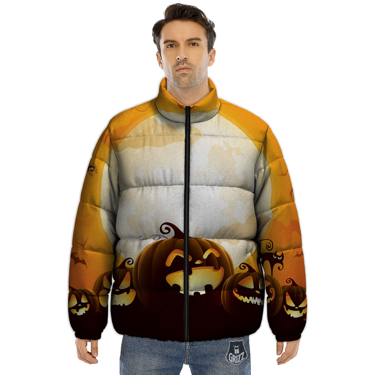 Jack-O'-Lantern Pumpkin Halloween Print Puffer Jacket-grizzshop
