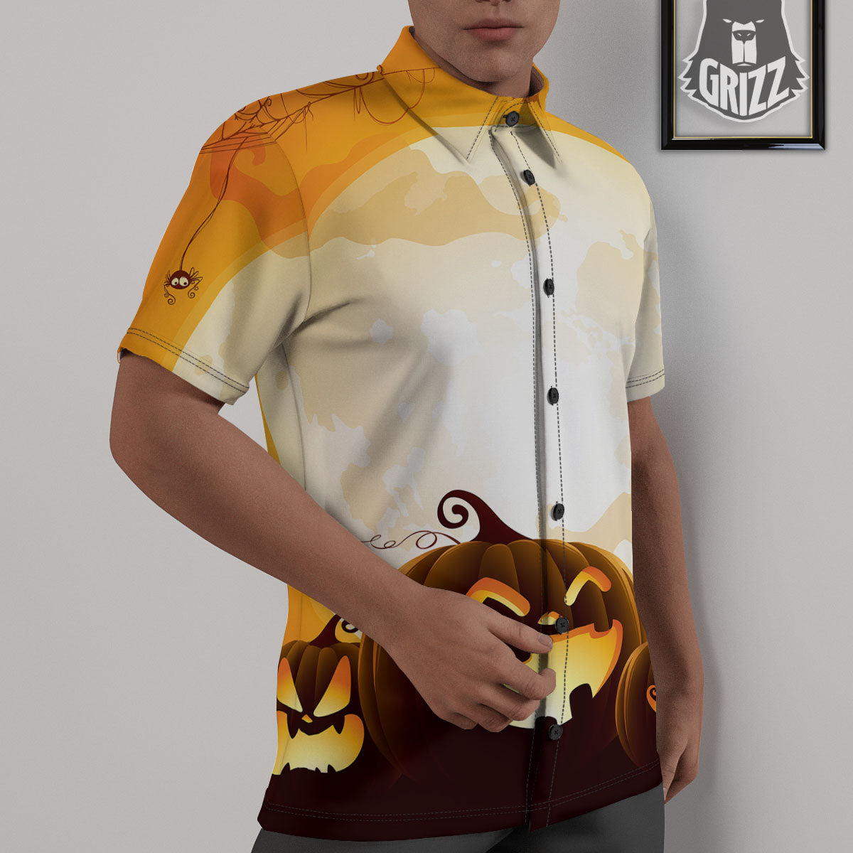 Jack-O'-Lantern Pumpkin Halloween Print Untucked Shirts-grizzshop