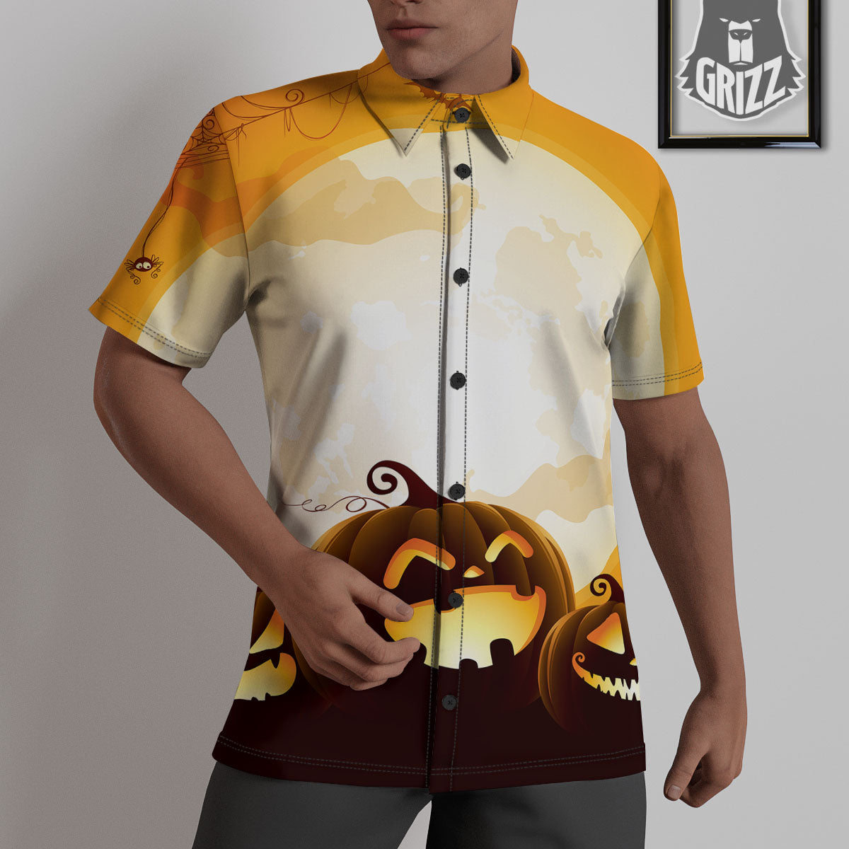 Jack-O'-Lantern Pumpkin Halloween Print Untucked Shirts-grizzshop