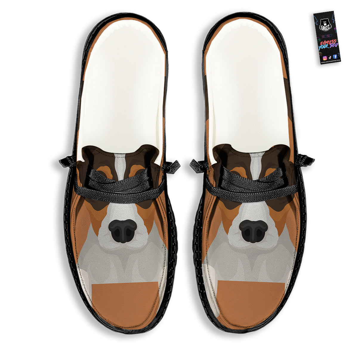 Jack Russell Terrier Cartoon Print Black Loafers-grizzshop