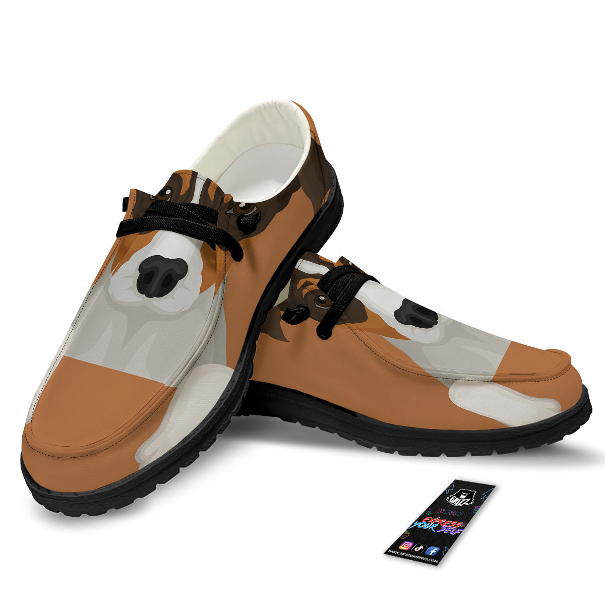 Jack Russell Terrier Cartoon Print Black Loafers-grizzshop