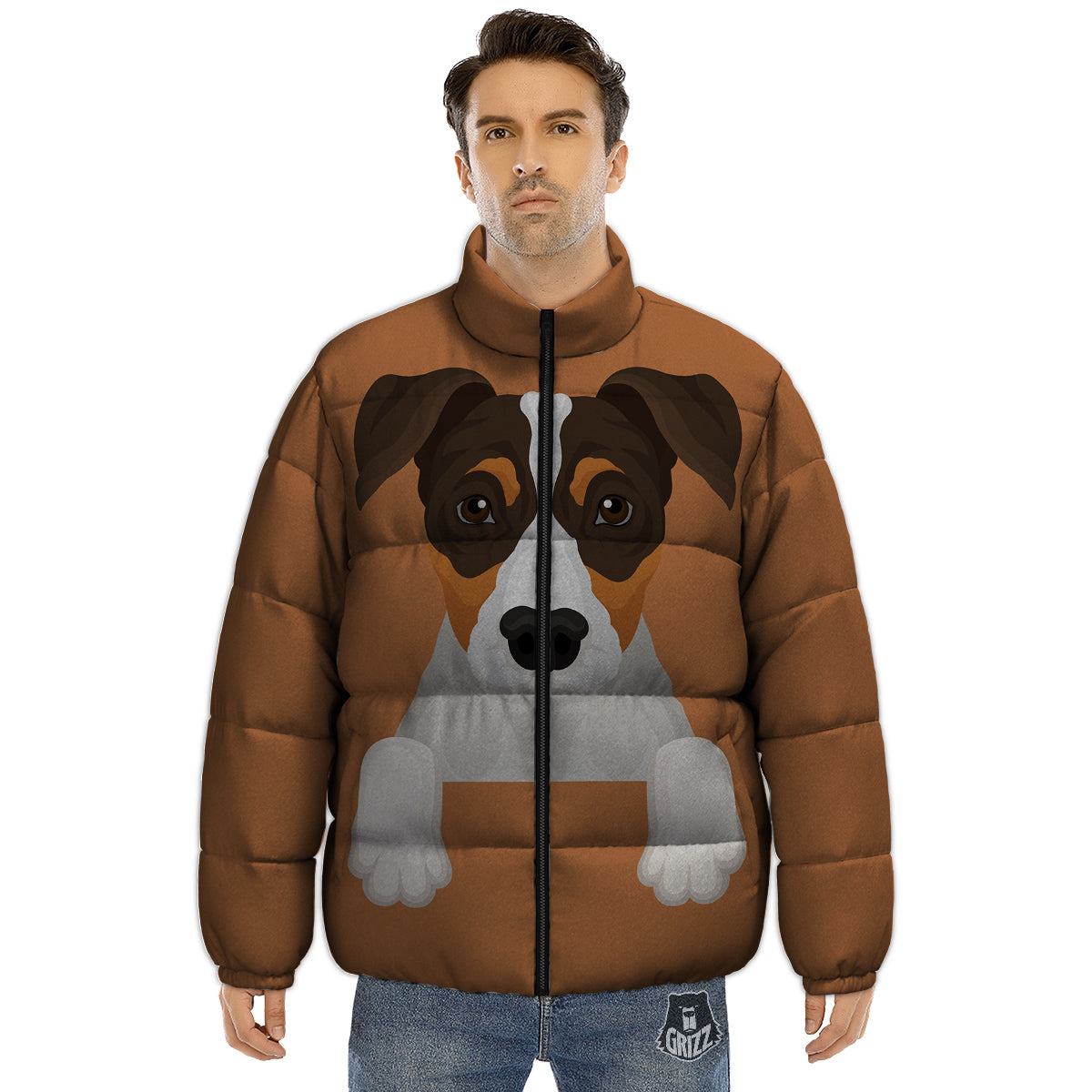 Jack Russell Terrier Cartoon Print Puffer Jacket-grizzshop