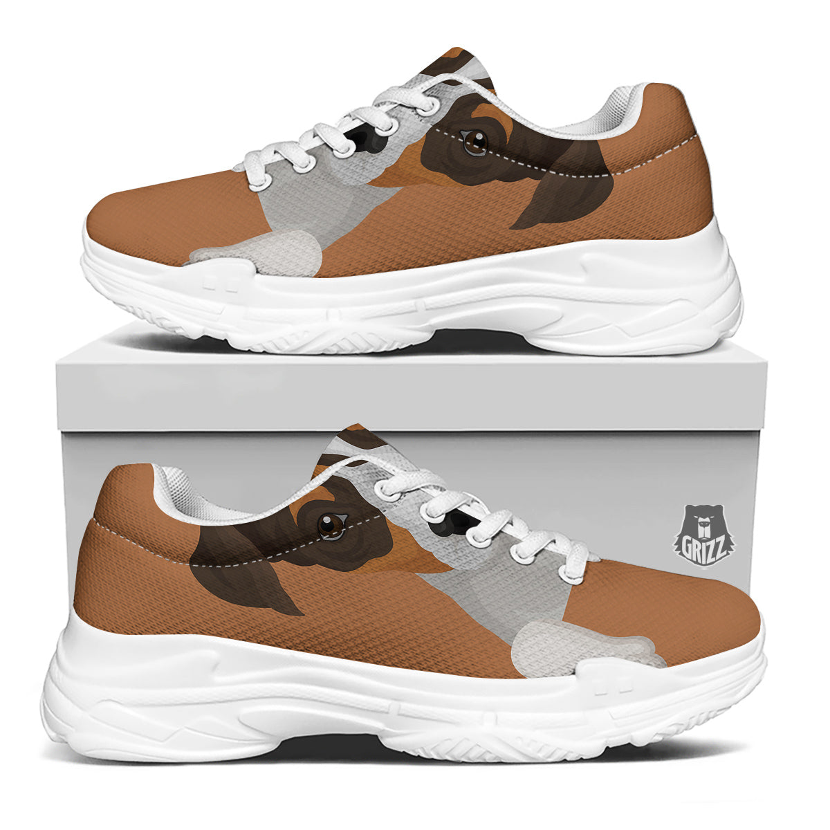 Jack Russell Terrier Cartoon Print White Chunky Shoes-grizzshop