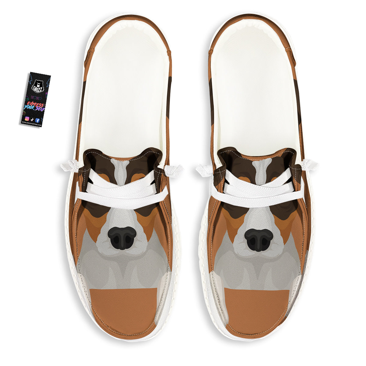 Jack Russell Terrier Cartoon Print White Loafers-grizzshop