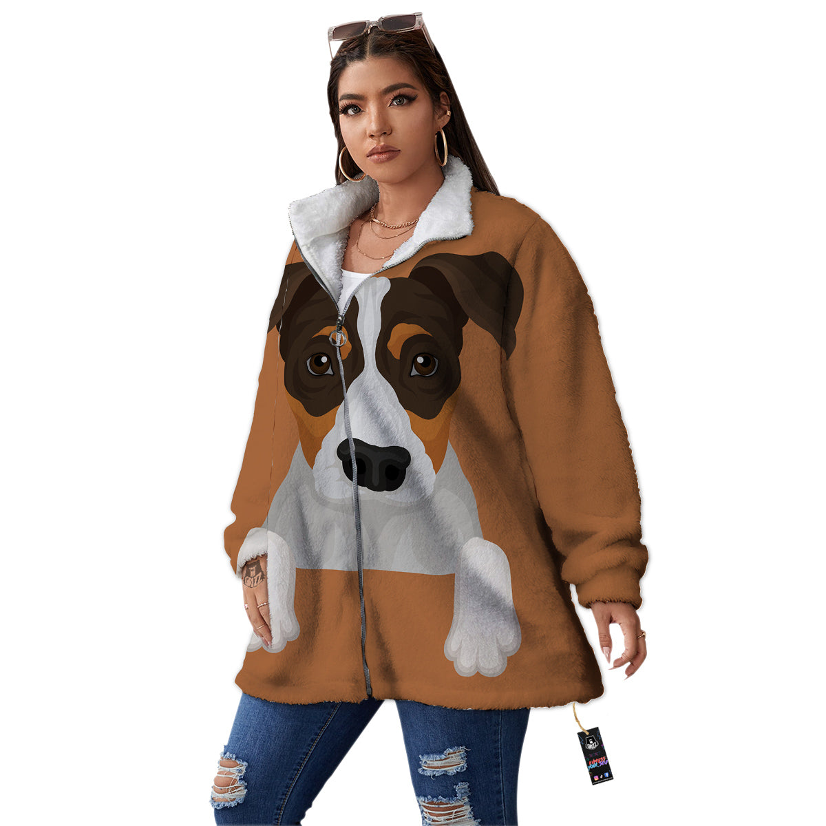 Jack Russell Terrier Cartoon Print Women's Sherpa Jacket-grizzshop