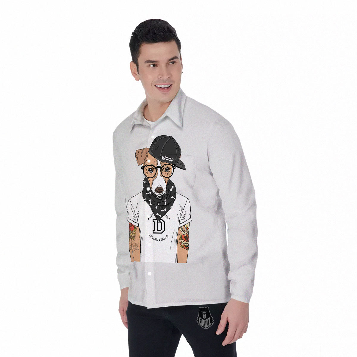 Jack Russell Terrier Hipster Print Men's Long Sleeve Shirts-grizzshop