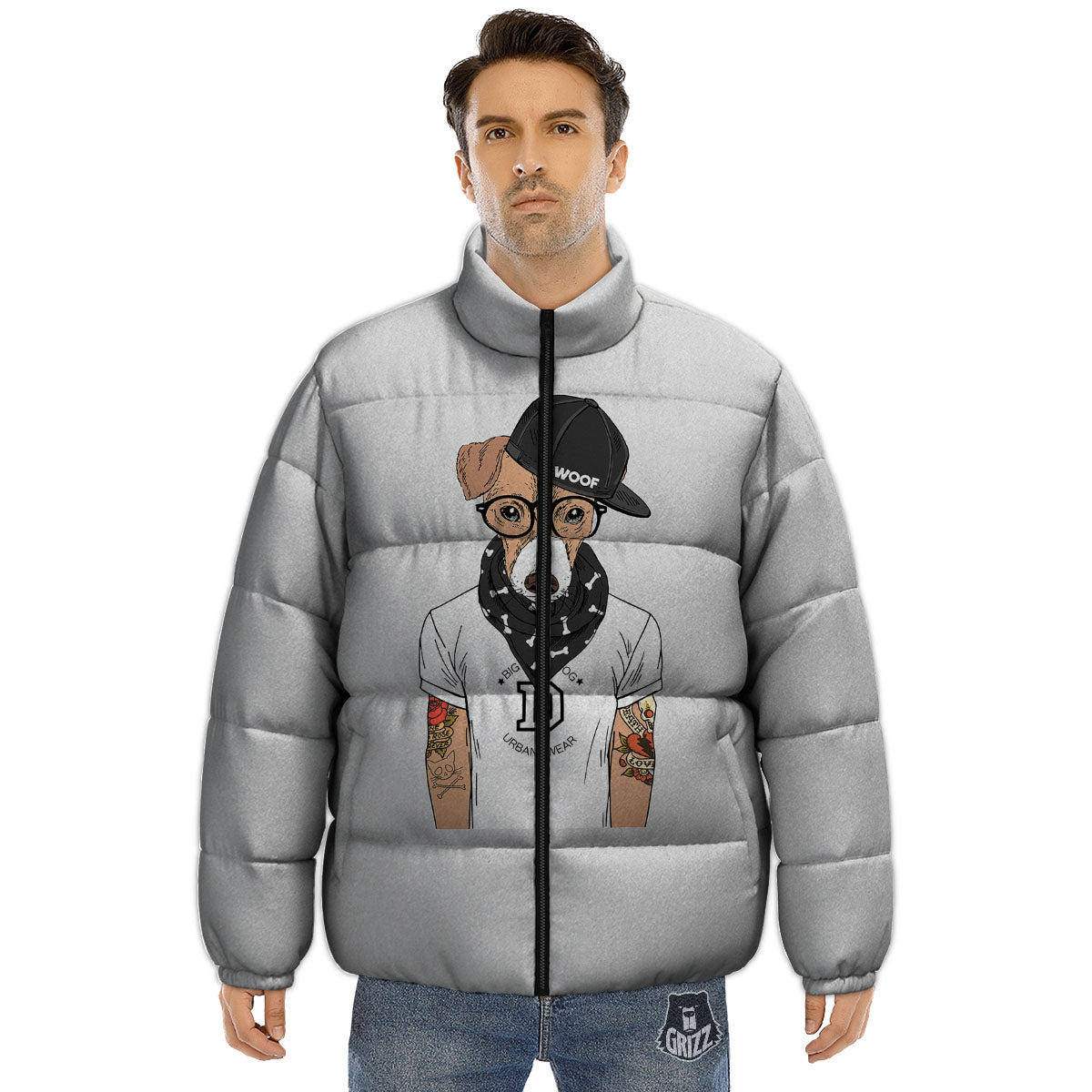 Jack Russell Terrier Hipster Print Puffer Jacket-grizzshop