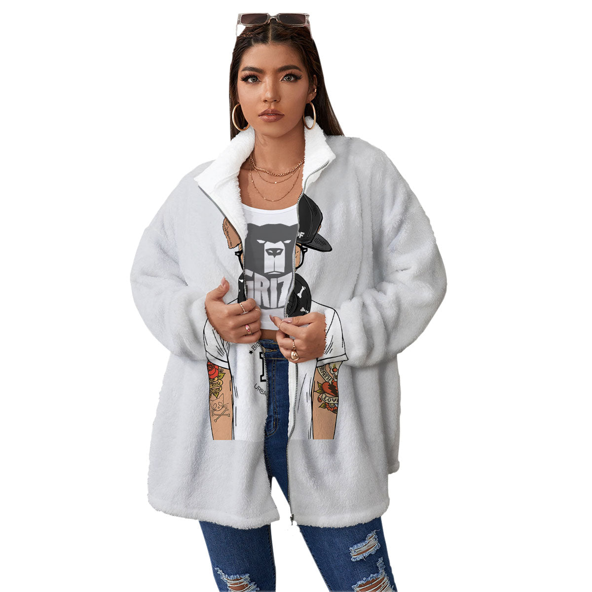Jack Russell Terrier Hipster Print Women's Sherpa Jacket-grizzshop