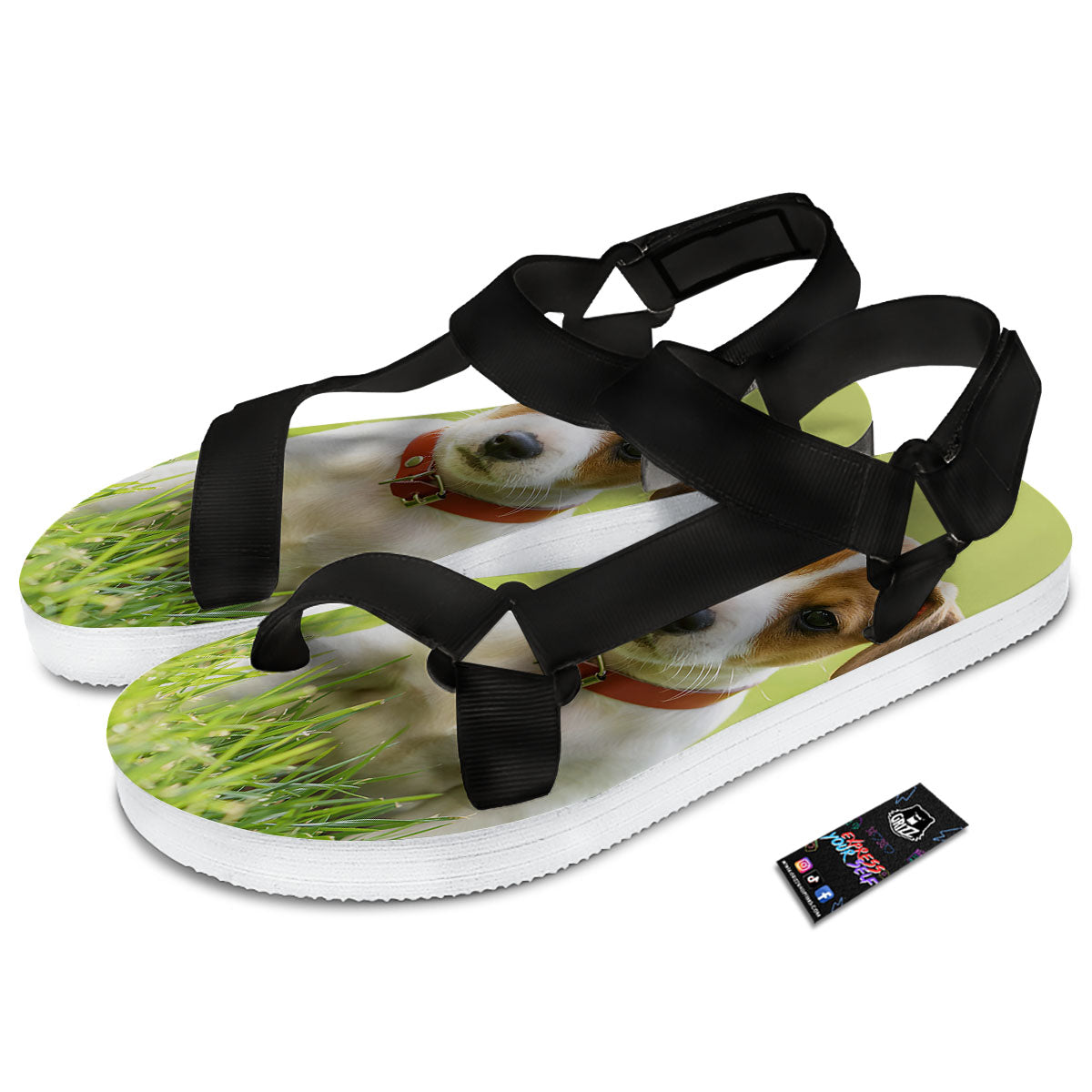 Jack Russell Terrier Little Print Black Open Toe Sandals-grizzshop