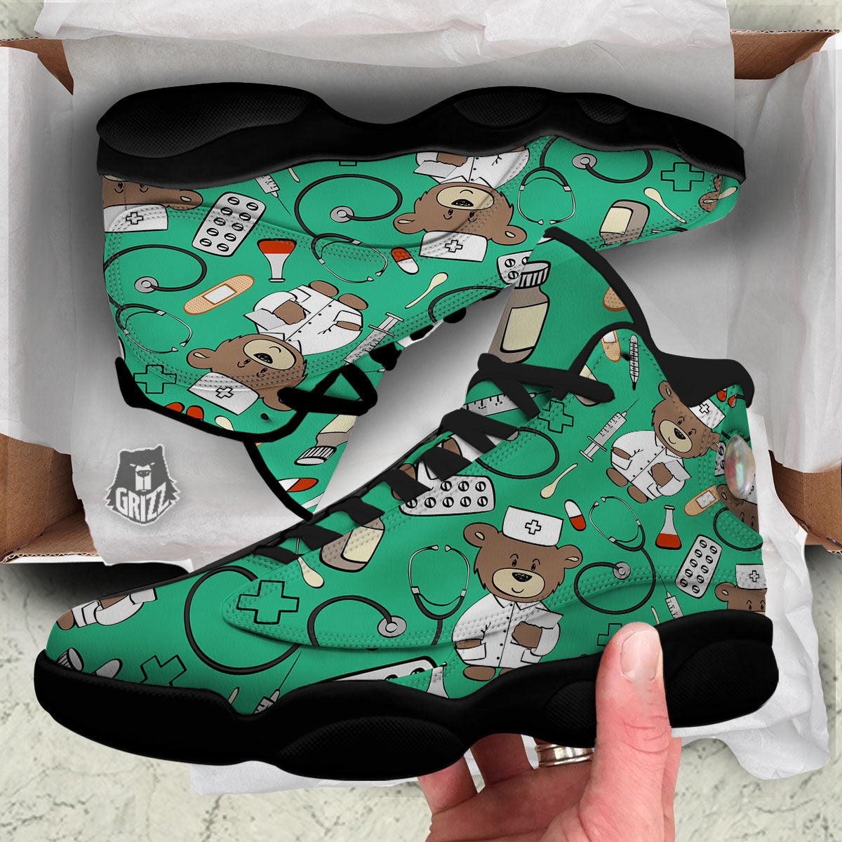 Jade Teddy Bear Nurse Black Basketball Shoes-grizzshop