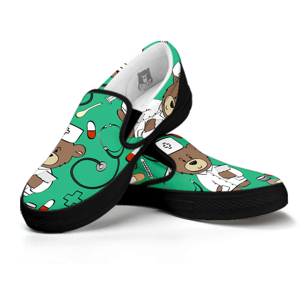Jade Teddy Bear Nurse Black Slip On Shoes-grizzshop