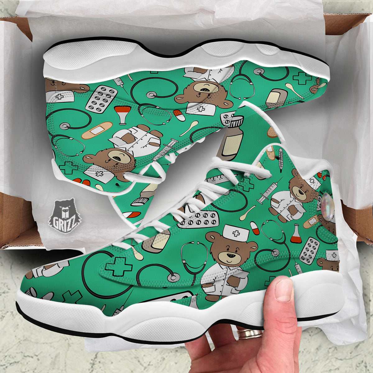 Jade Teddy Bear Nurse White Basketball Shoes-grizzshop