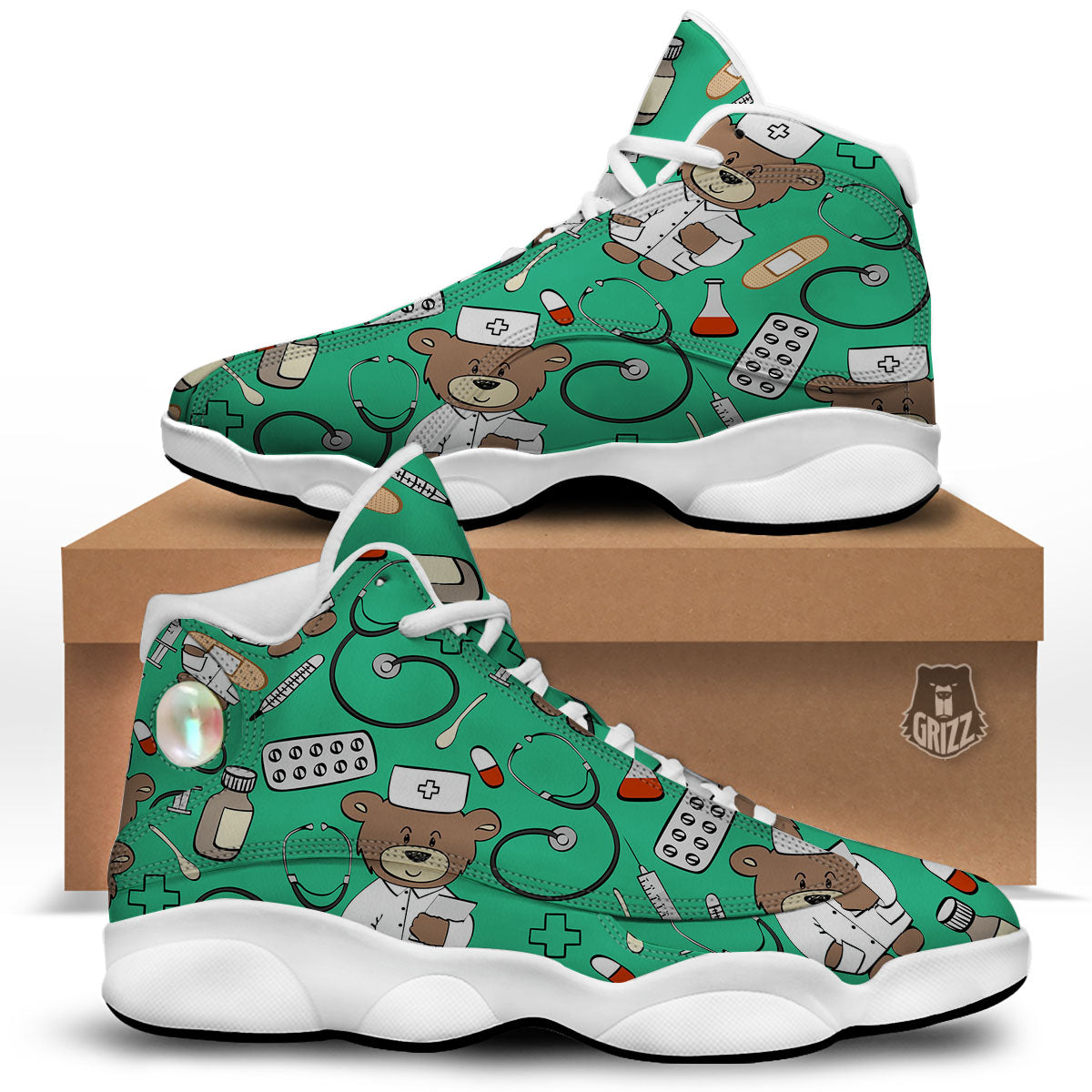 Jade Teddy Bear Nurse White Basketball Shoes-grizzshop