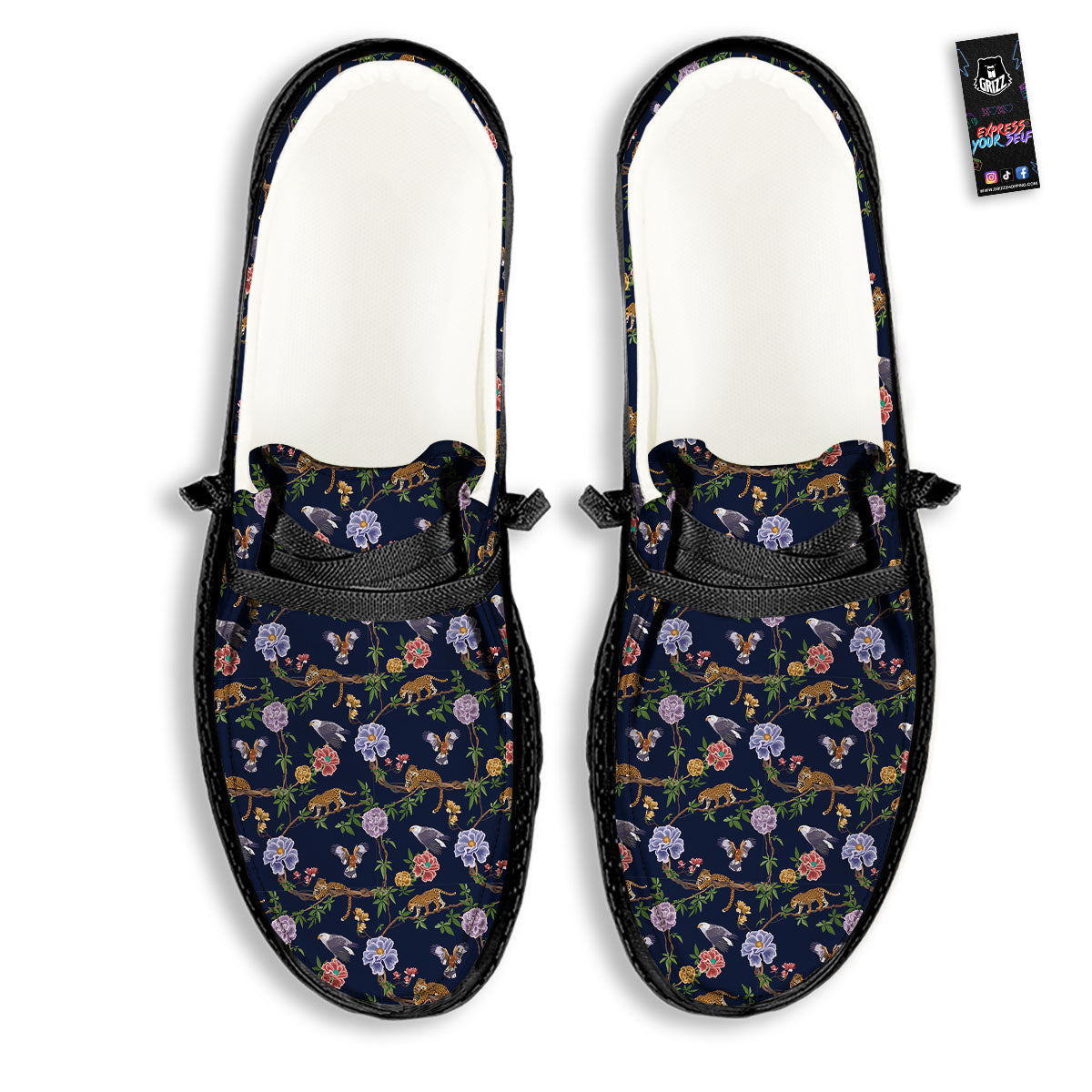 Jaguar And Eagle Print Pattern Black Loafers-grizzshop
