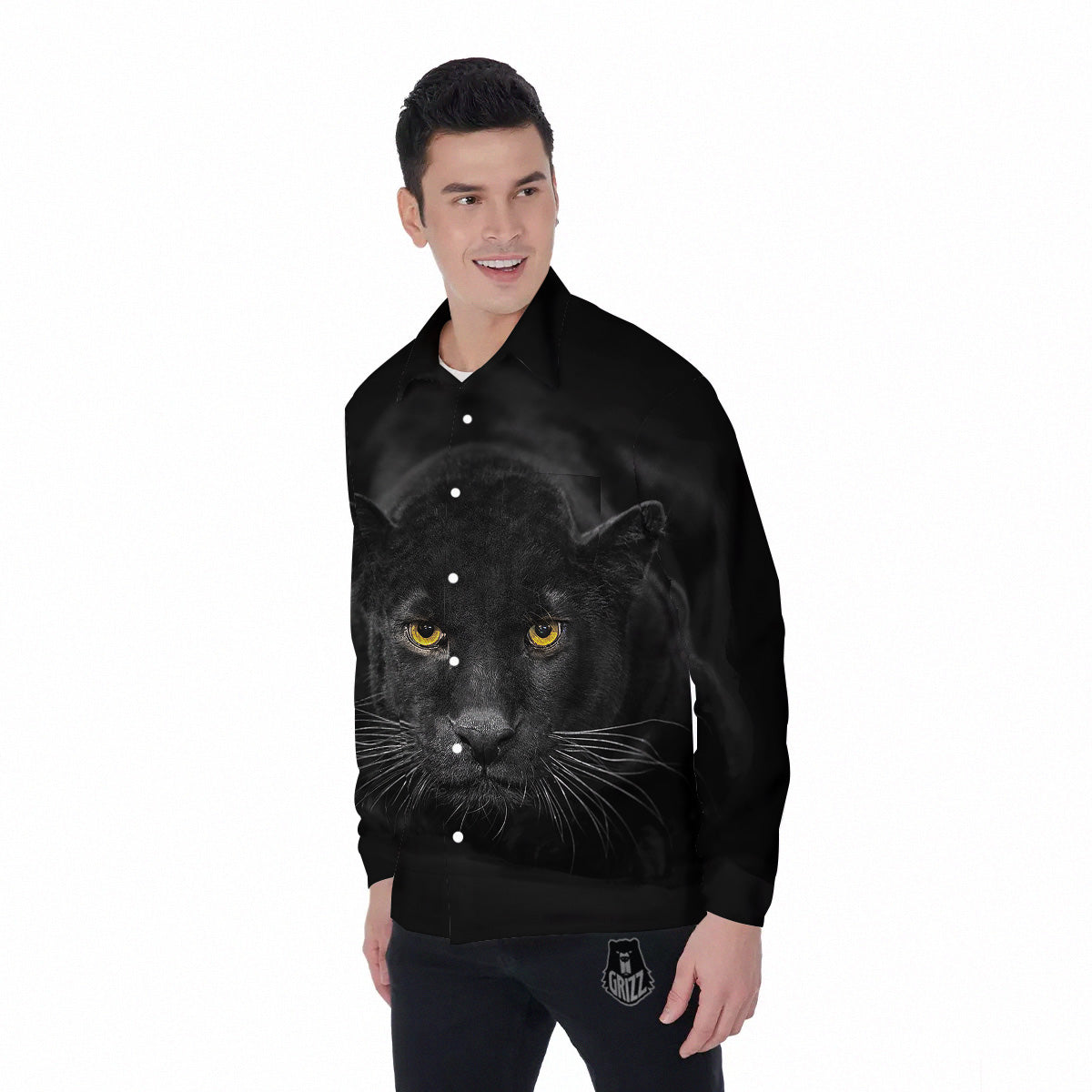 Jaguar Black Print Men's Long Sleeve Shirts-grizzshop