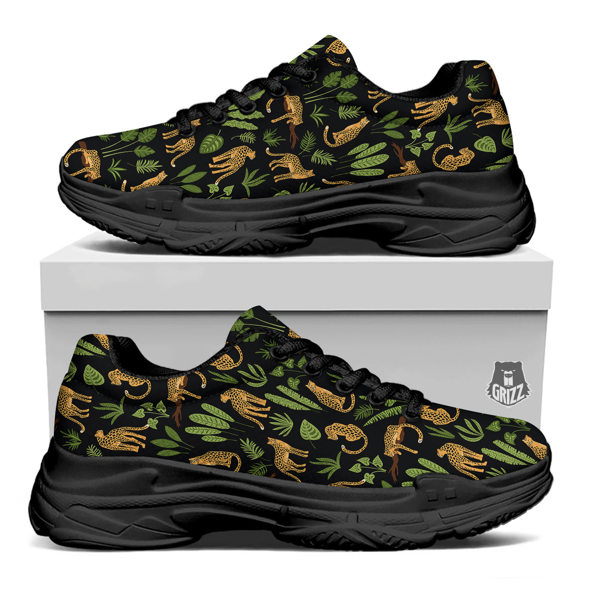 Jaguar Tropical Print Pattern Black Chunky Shoes-grizzshop
