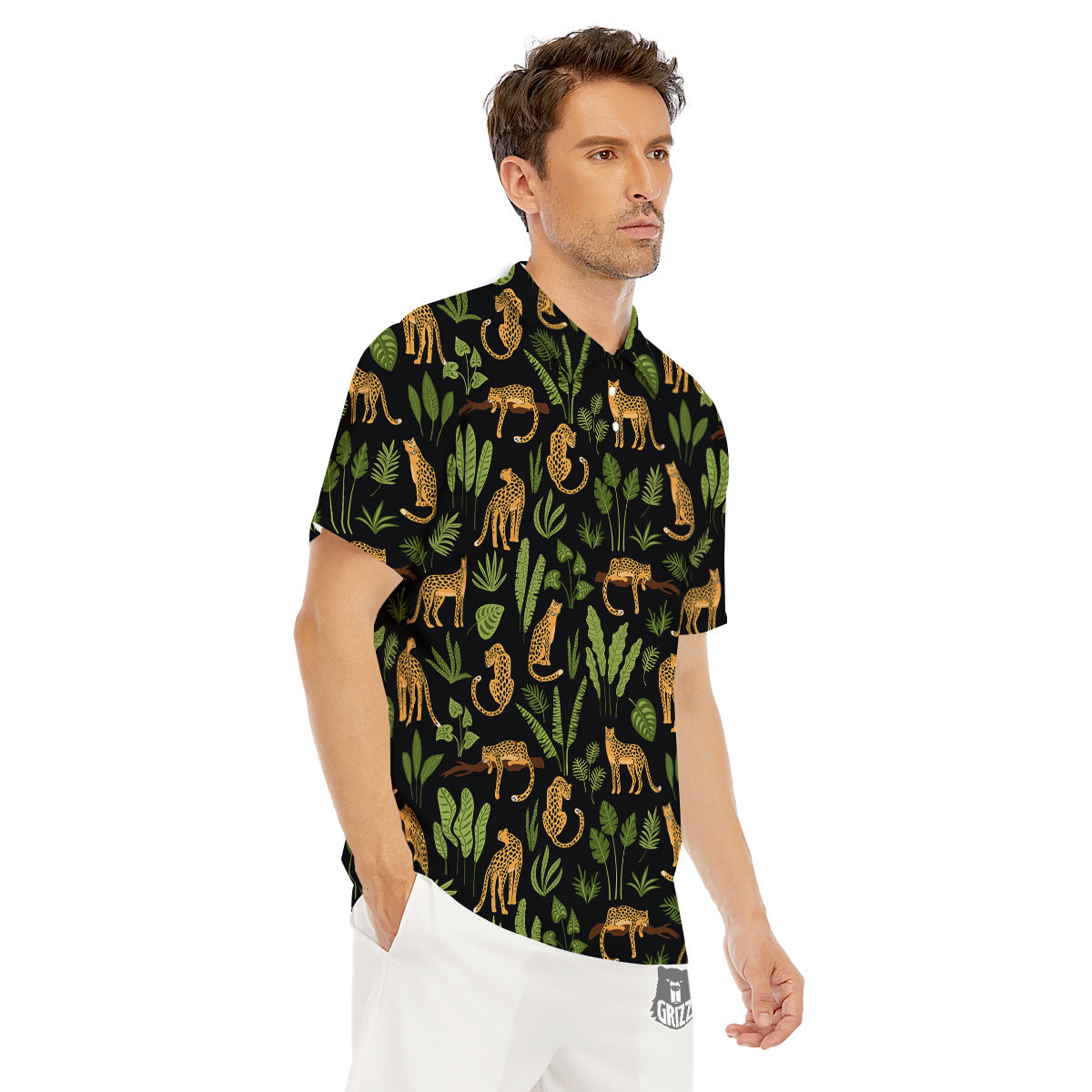 Jaguar Tropical Print Pattern Men's Golf Shirts-grizzshop