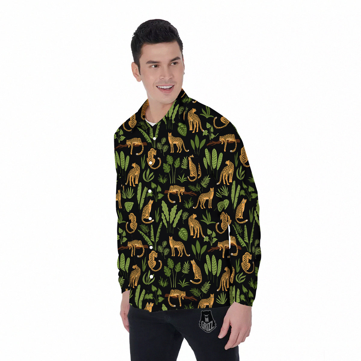Jaguar Tropical Print Pattern Men's Long Sleeve Shirts-grizzshop