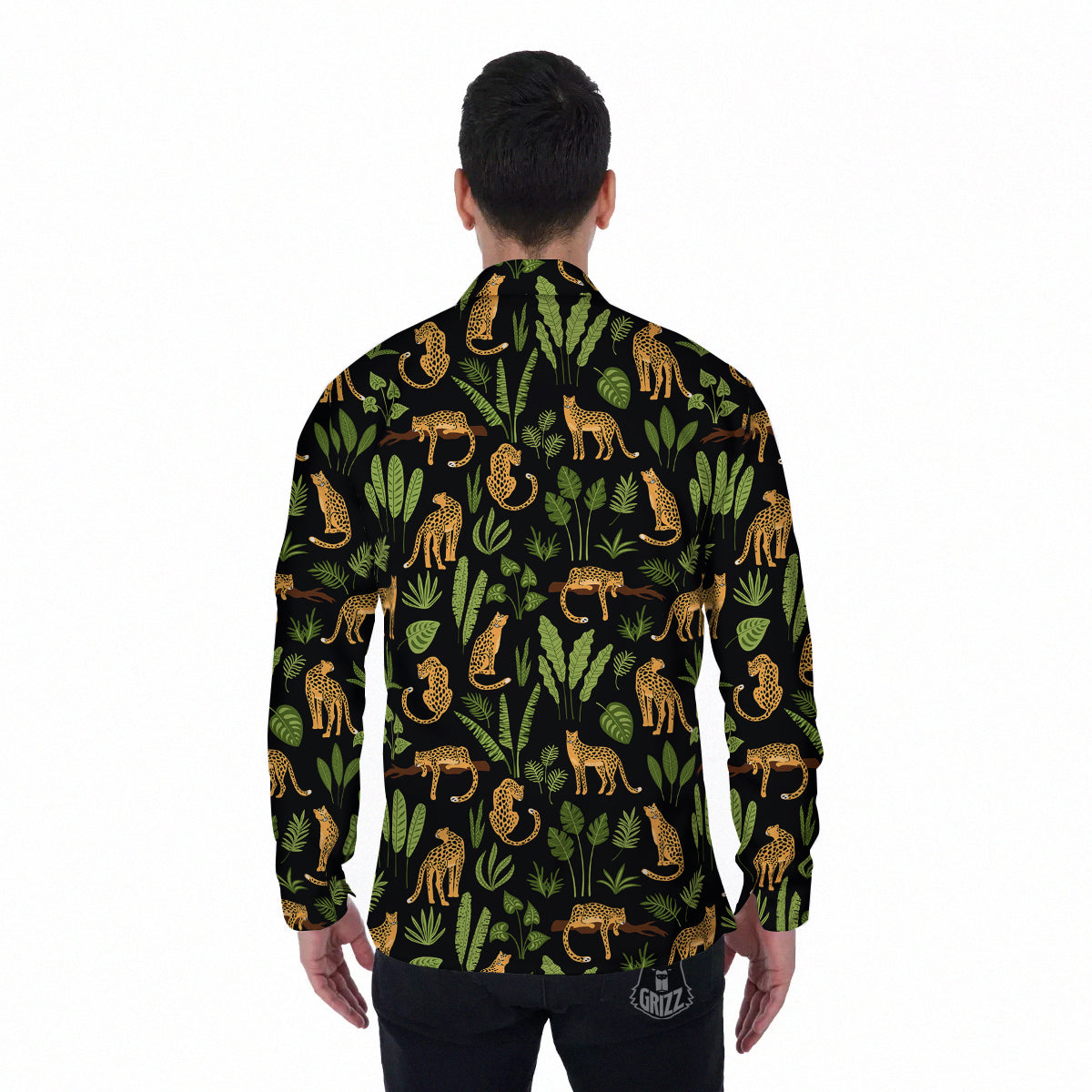 Jaguar Tropical Print Pattern Men's Long Sleeve Shirts-grizzshop