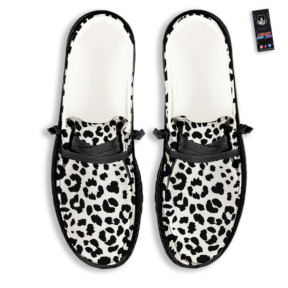 Jaguar White And Black Print Pattern Black Loafers-grizzshop