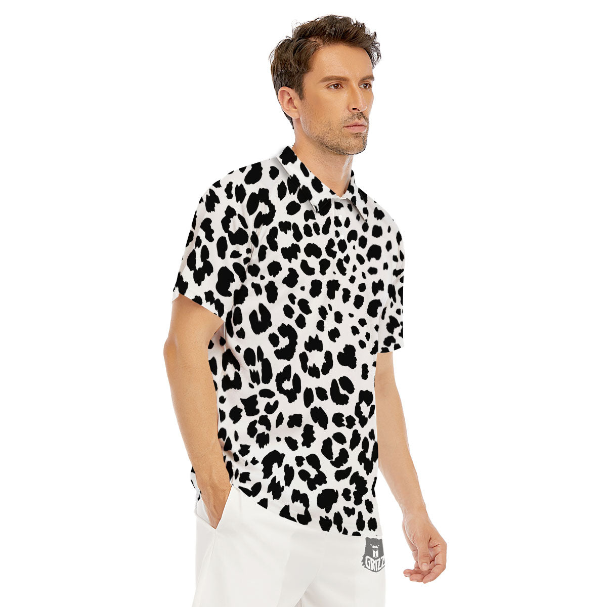 Jaguar White And Black Print Pattern Men's Golf Shirts-grizzshop