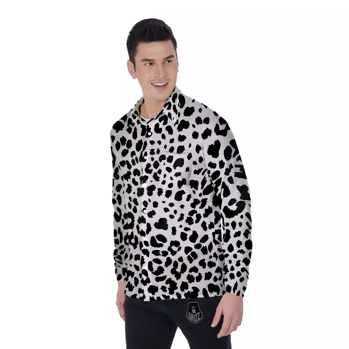 Jaguar White And Black Print Pattern Men's Long Sleeve Shirts-grizzshop