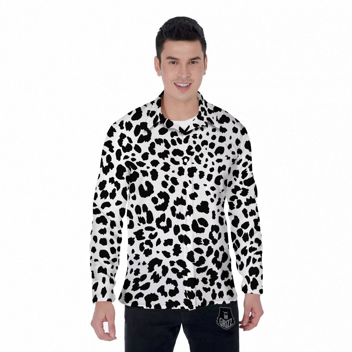 Jaguar White And Black Print Pattern Men's Long Sleeve Shirts-grizzshop