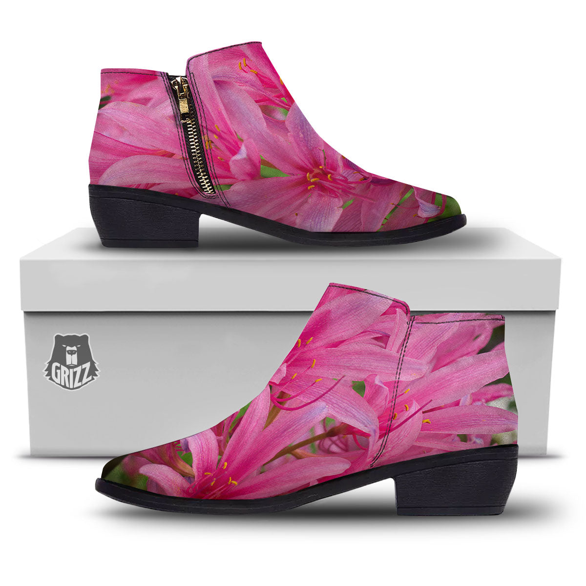 Japanese Amaryllis Purple And Pink Print Ankle Boots-grizzshop