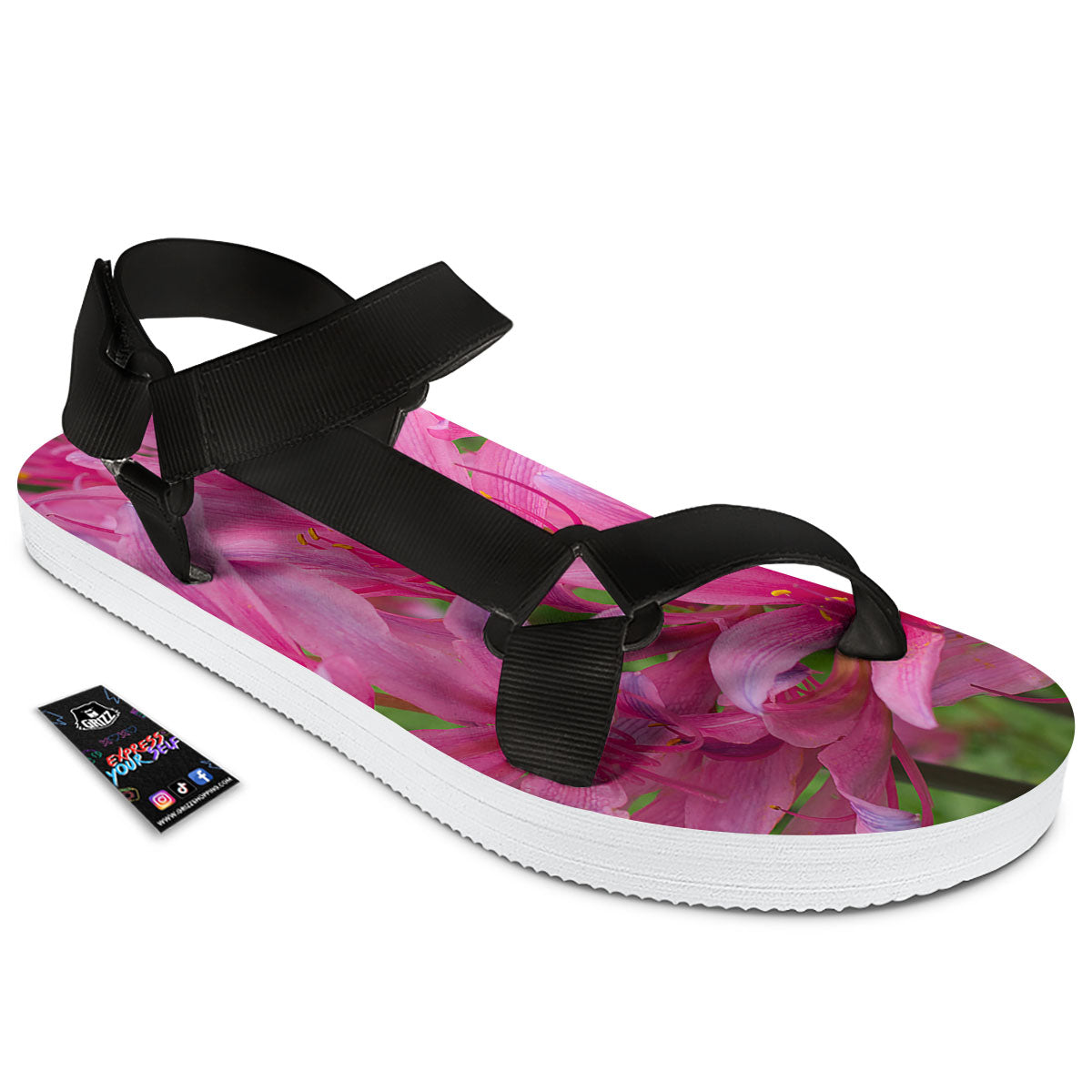 Japanese Amaryllis Purple And Pink Print Black Open Toe Sandals-grizzshop