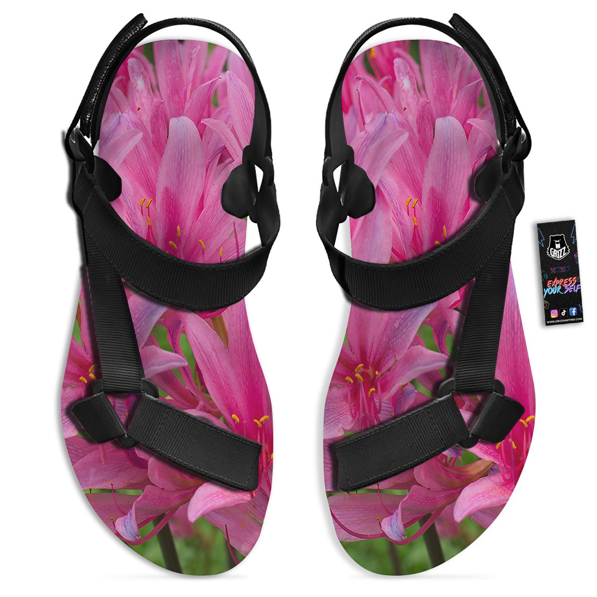 Japanese Amaryllis Purple And Pink Print Black Open Toe Sandals-grizzshop