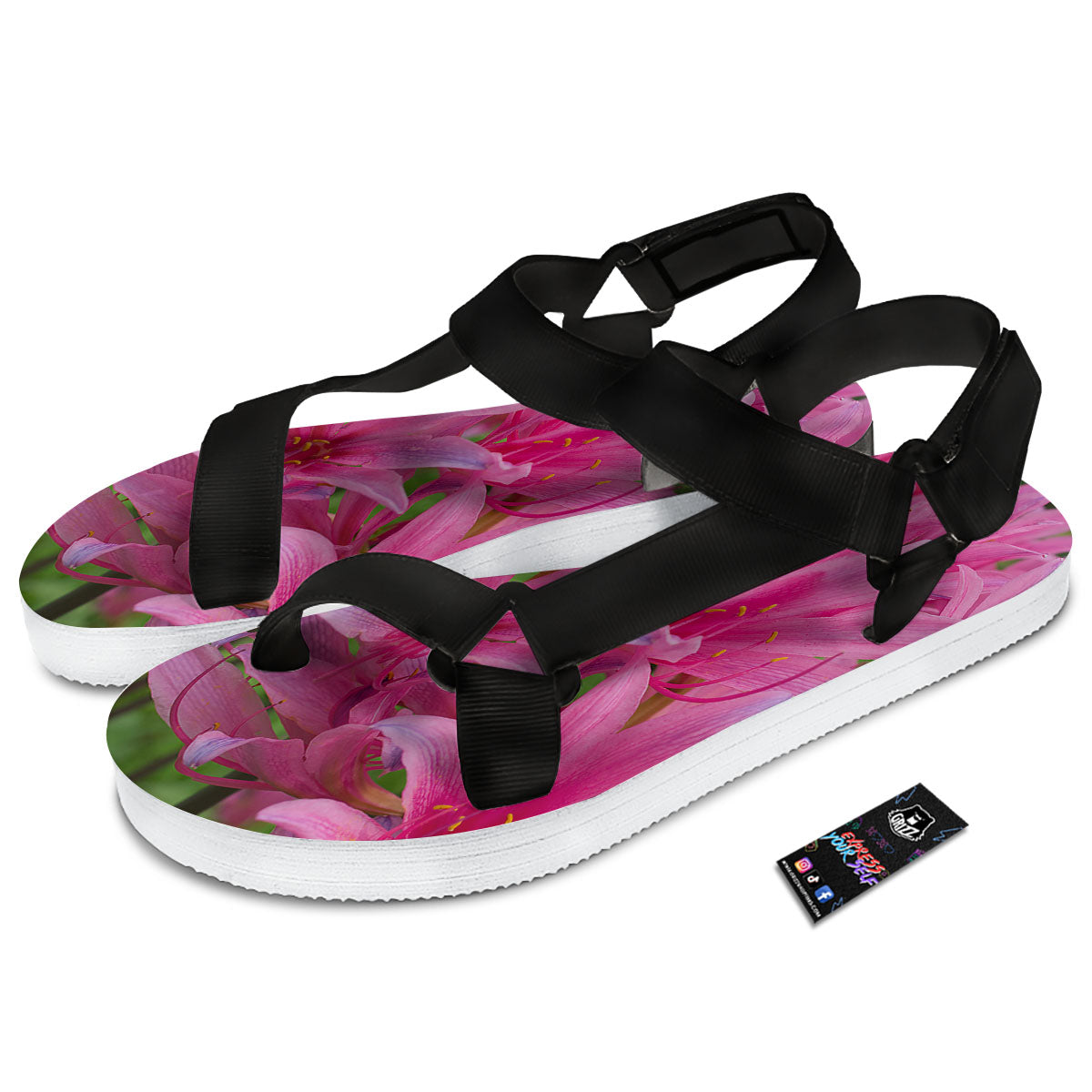 Japanese Amaryllis Purple And Pink Print Black Open Toe Sandals-grizzshop