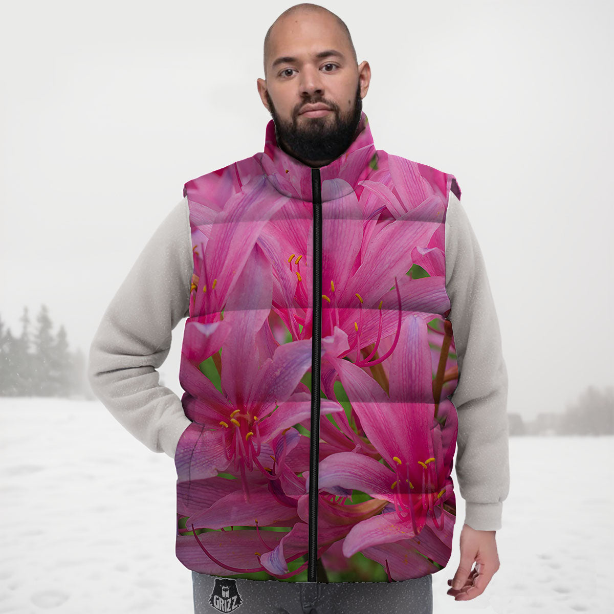 Japanese Amaryllis Purple And Pink Print Down Vest