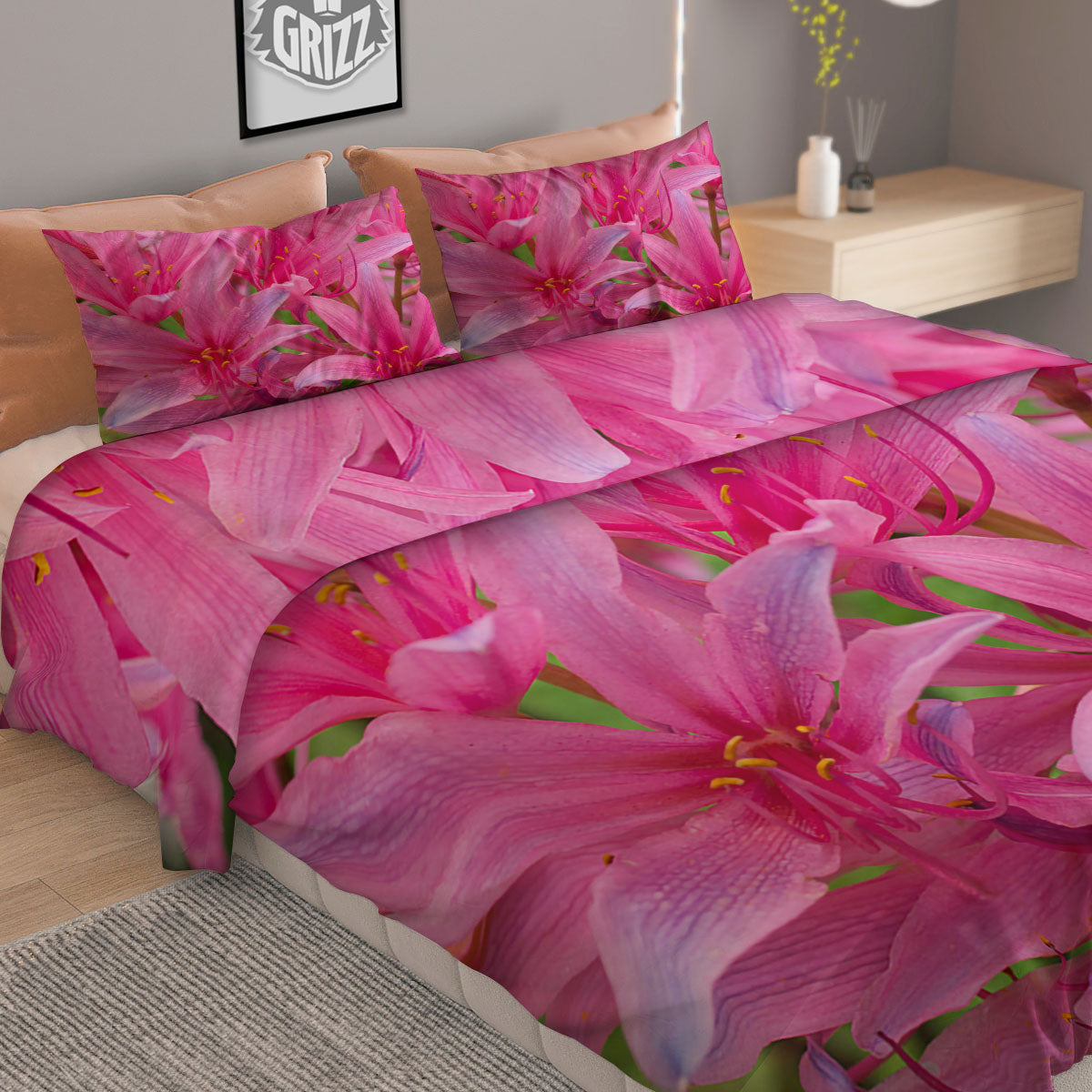 Japanese Amaryllis Purple And Pink Print Duvet Cover Bedding Set