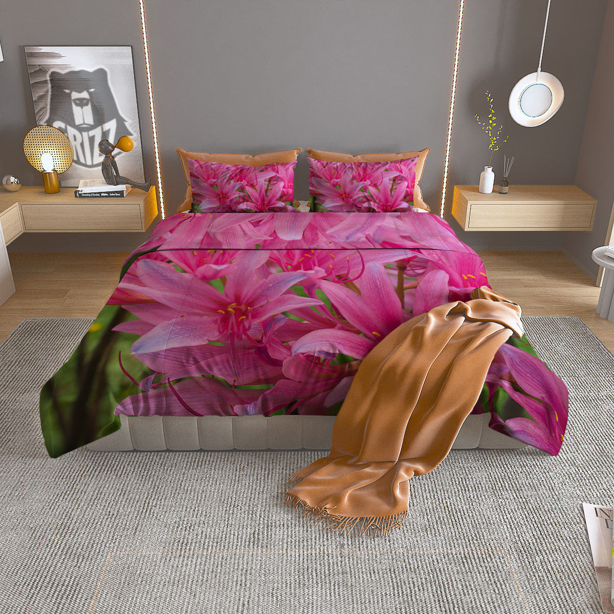 Japanese Amaryllis Purple And Pink Print Duvet Cover Bedding Set