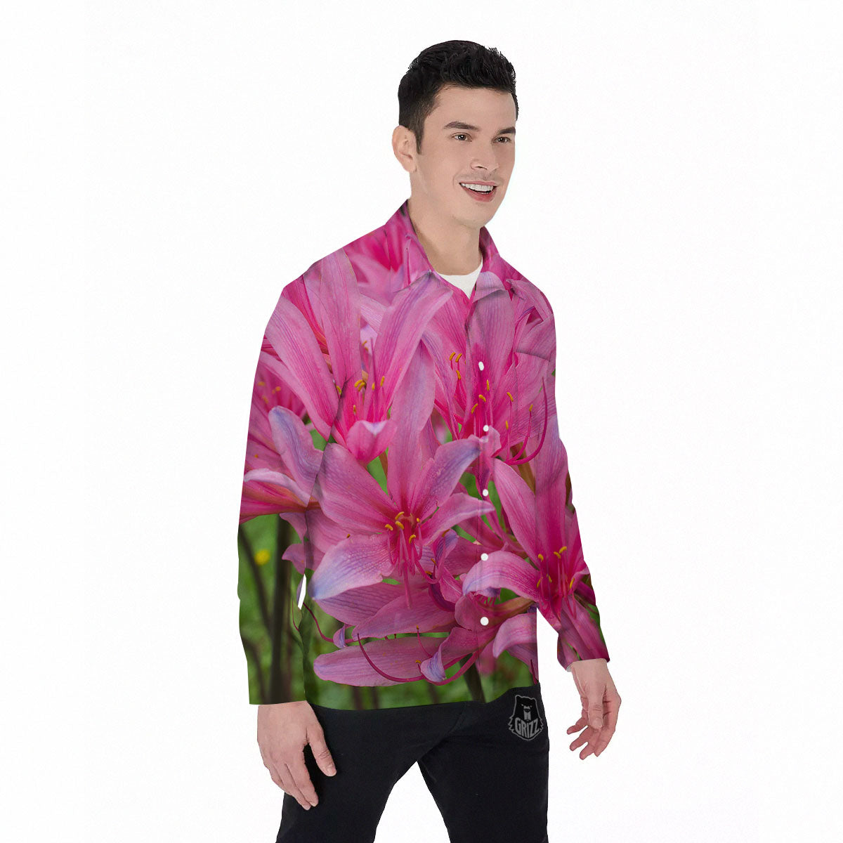 Japanese Amaryllis Purple And Pink Print Men's Long Sleeve Shirts-grizzshop