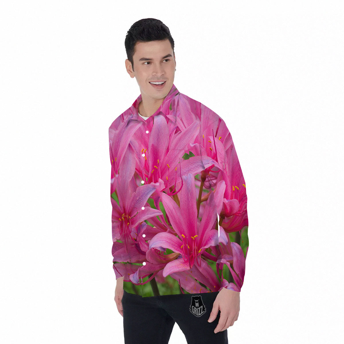 Japanese Amaryllis Purple And Pink Print Men's Long Sleeve Shirts-grizzshop